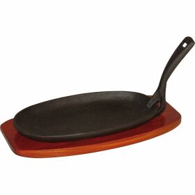 Cast iron serving pan with wooden coaster, dimensions 24...