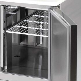 Saladette with glass top, with three doors, for 16 x GN 1/4 (150 mm), dimensions 1365 x 700 x 1300 mm (WxDxH)