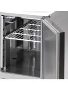 Saladette with glass top, with three doors, for 16 x GN 1/4 (150 mm), dimensions 1365 x 700 x 1300 mm (WxDxH)