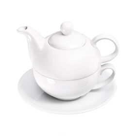 Teekanne mit Tasse und Untertasse, reinweißes...